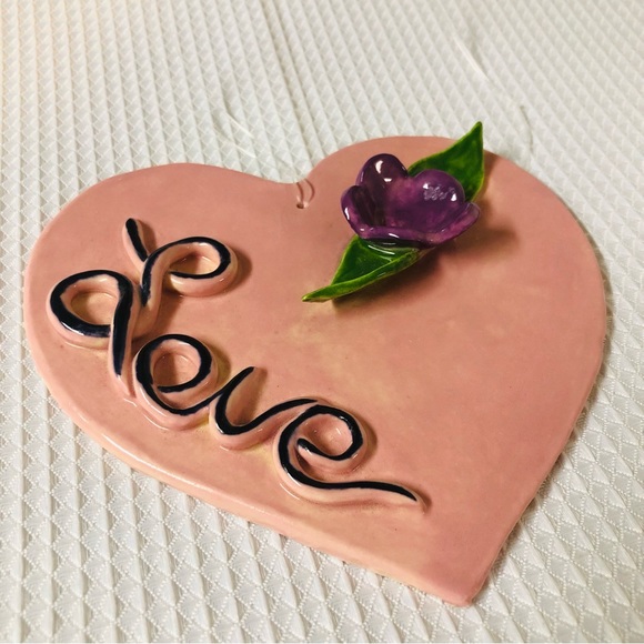 Mango Tree Studios Ceramic Heart Love Flower Wall Accent Artisan PJS Signed OOAK - Picture 5 of 12